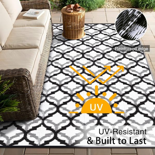 RUGSREAL Outdoor Rug 6x9 ft Waterproof Reversible Braided Mat, Black & White