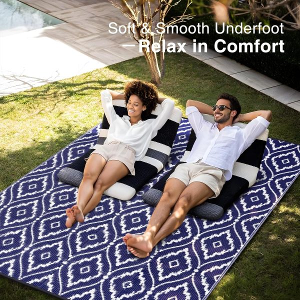 RUGSREAL Outdoor Rug 8x10 ft Waterproof Reversible Braided Mat, Navy & White