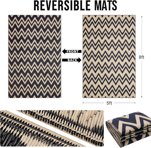 RUGSREAL Outdoor Rug 5x8 ft Waterproof Reversible Chevron Mat, Black & Beige