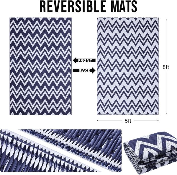RUGSREAL Outdoor Rug 5x8 ft Waterproof Reversible Chevron Mat, Navy & White
