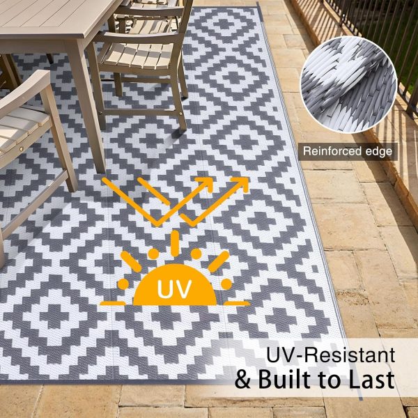 RUGSREAL Outdoor Rug 8x10 ft Waterproof Reversible Mat, Grey & White