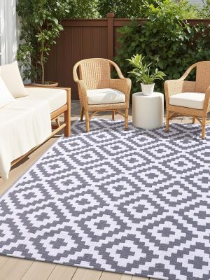 RUGSREAL Outdoor Rug 5x8 ft Waterproof Reversible Mat, Grey & White