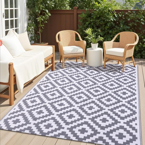 RUGSREAL Outdoor Rug 5x8 ft Waterproof Reversible Mat, Grey & White