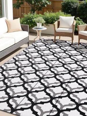 RUGSREAL Outdoor Rug 5x8 ft Waterproof Reversible Braided Mat, Black & White