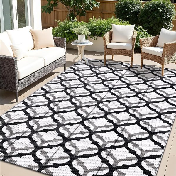 RUGSREAL Outdoor Rug 5x8 ft Waterproof Reversible Braided Mat, Black & White