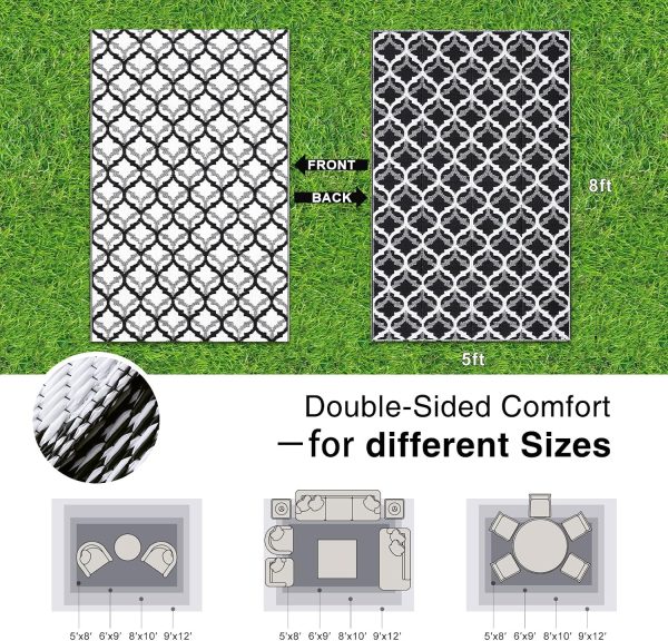 RUGSREAL Outdoor Rug 5x8 ft Waterproof Reversible Braided Mat, Black & White