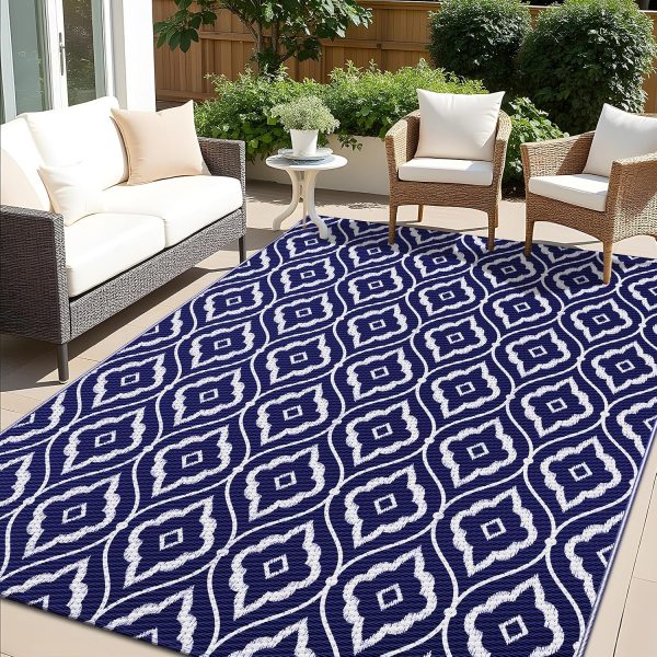 RUGSREAL Outdoor Rug 8x10 ft Waterproof Reversible Braided Mat, Navy & White