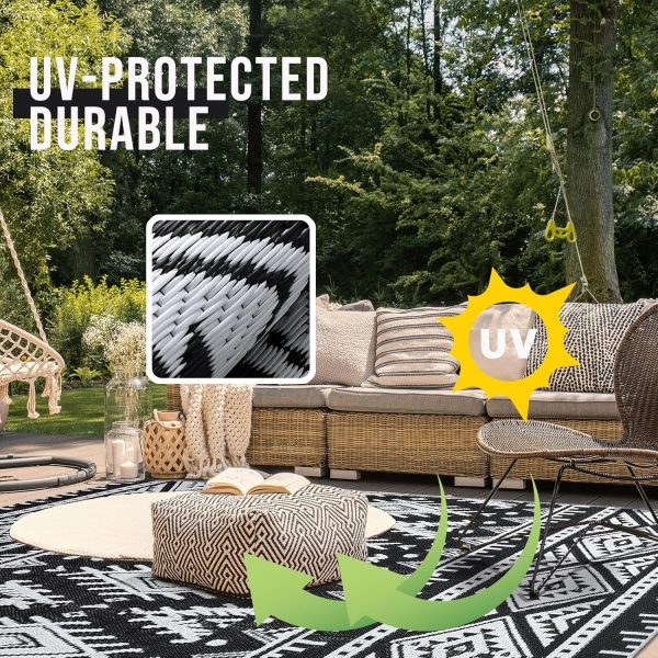 RUGSREAL Outdoor Rug 5x8 ft Waterproof Reversible Boho Mat, Black & White