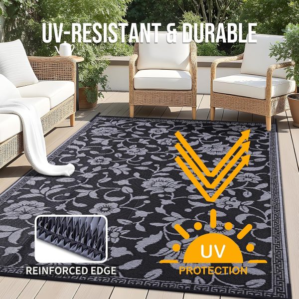 RUGSREAL Outdoor Rug 8x10 ft Waterproof Reversible Floral Mat, Black & Grey