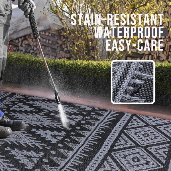 RUGSREAL Outdoor Rug 5x8 ft Waterproof Reversible Boho Mat, Black & Grey