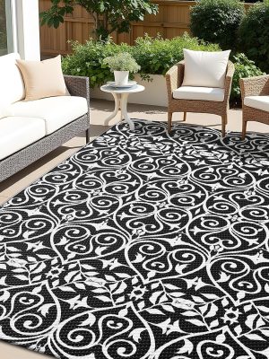 RUGSREAL Outdoor Rug 5x8 ft Waterproof Reversible Floral Mat, Black & White