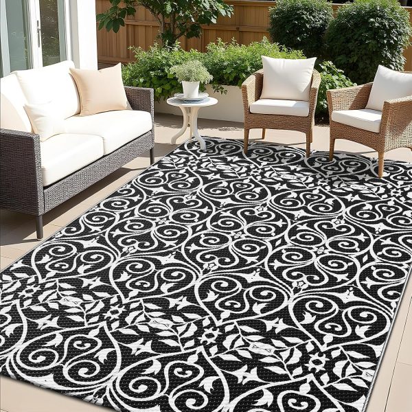 RUGSREAL Outdoor Rug 5x8 ft Waterproof Reversible Floral Mat, Black & White