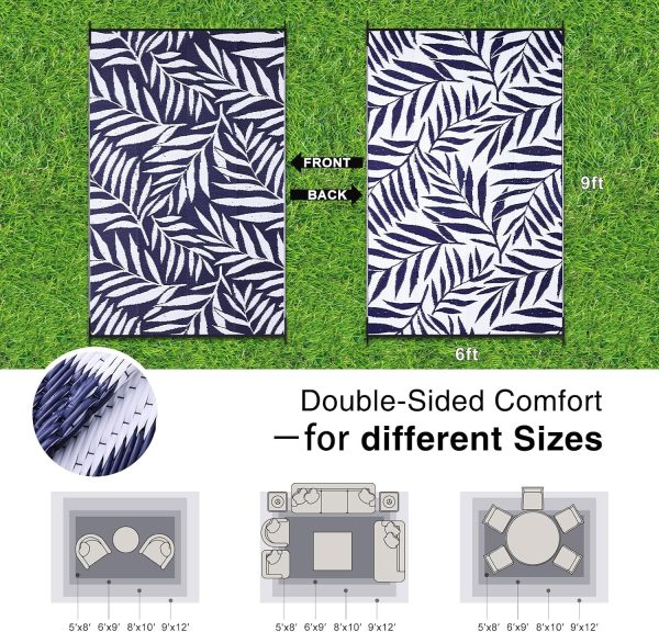 RUGSREAL Outdoor Rug 6x9 ft Waterproof Reversible Leaf Mat, Navy & White