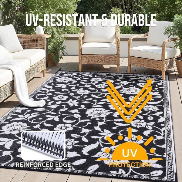 RUGSREAL Outdoor Rug 6x9 ft Waterproof Reversible Floral Mat, Black & White