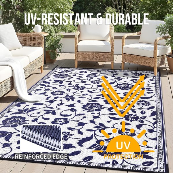 RUGSREAL Outdoor Rug 6x9 ft Waterproof Reversible Floral Mat, Navy & White