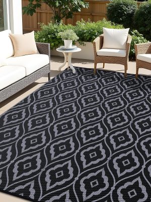 RUGSREAL Outdoor Rug 5x8 ft Waterproof Reversible Braided Mat, Black & Grey