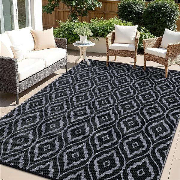 RUGSREAL Outdoor Rug 5x8 ft Waterproof Reversible Braided Mat, Black & Grey