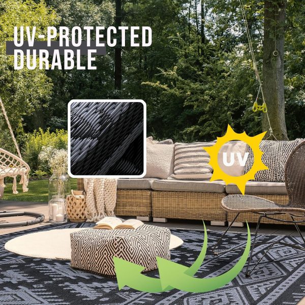 RUGSREAL Outdoor Rug 5x8 ft Waterproof Reversible Boho Mat, Black & Grey