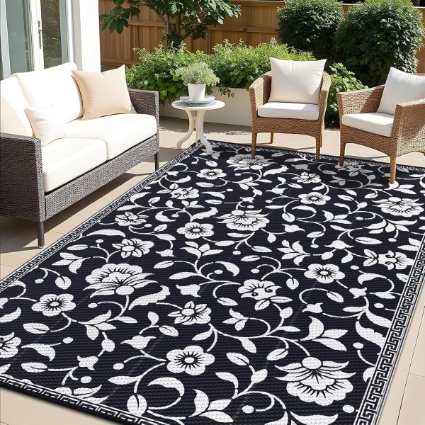 RUGSREAL Outdoor Rug 6x9 ft Waterproof Reversible Floral Mat, Black & White