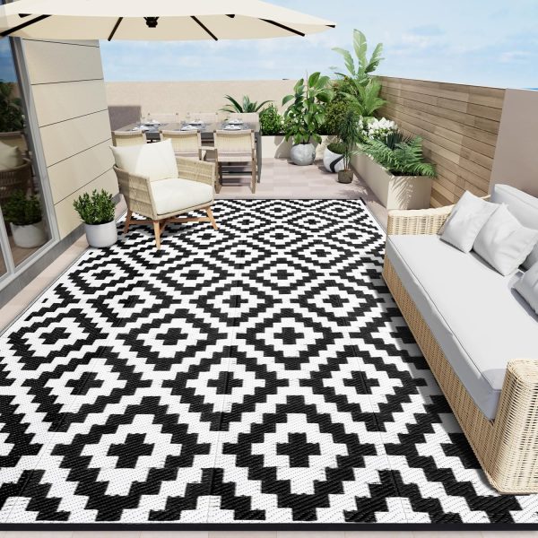 RUGSREAL Outdoor Rug 8x10 ft Waterproof Reversible Mat, Black & White