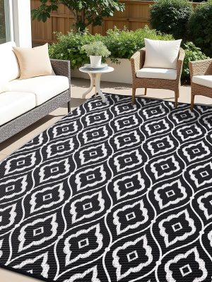 RUGSREAL Outdoor Rug 5x8 ft Waterproof Reversible Braided Mat, Black & White