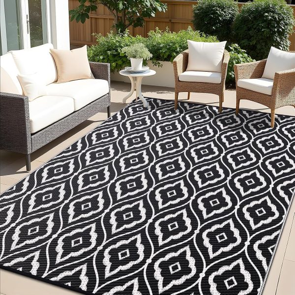 RUGSREAL Outdoor Rug 5x8 ft Waterproof Reversible Braided Mat, Black & White