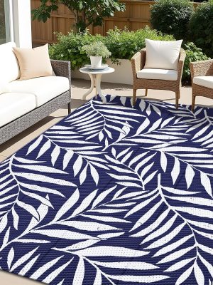 RUGSREAL Outdoor Rug 5x8 ft Waterproof Reversible Leaf Mat, Navy & White