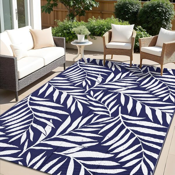 RUGSREAL Outdoor Rug 5x8 ft Waterproof Reversible Leaf Mat, Navy & White