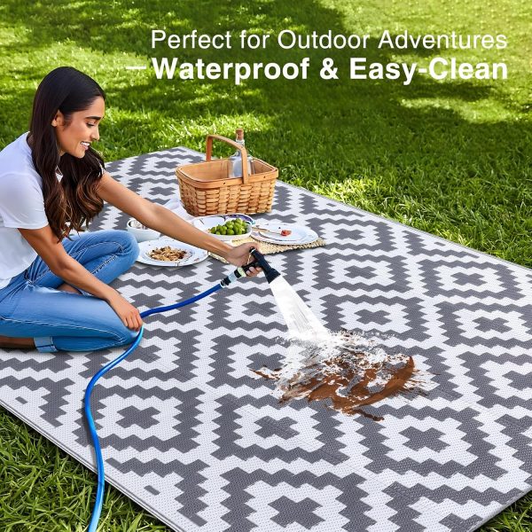 RUGSREAL Outdoor Rug 5x8 ft Waterproof Reversible Mat, Grey & White