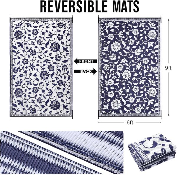 RUGSREAL Outdoor Rug 6x9 ft Waterproof Reversible Floral Mat, Navy & White