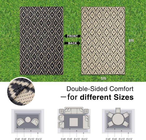 RUGSREAL Outdoor Rug 5x8 ft Waterproof Reversible Floral Mat, Black & Beige