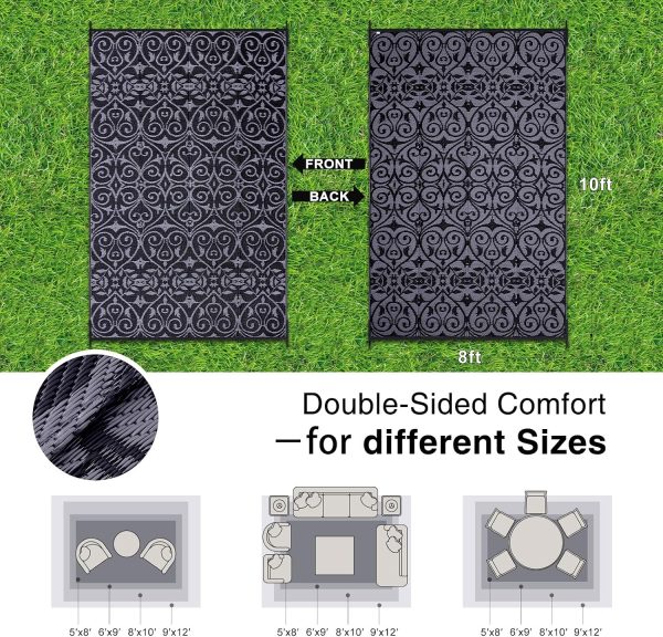 RUGSREAL Outdoor Rug 8x10 ft Waterproof Reversible Floral Mat, Black & Grey