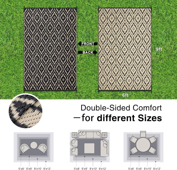 RUGSREAL Outdoor Rug 6x9 ft Waterproof Reversible Floral Mat, Black & Beige