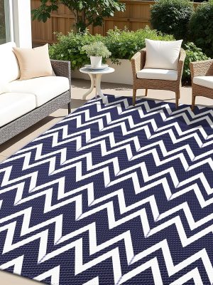 RUGSREAL Outdoor Rug 5x8 ft Waterproof Reversible Chevron Mat, Navy & White