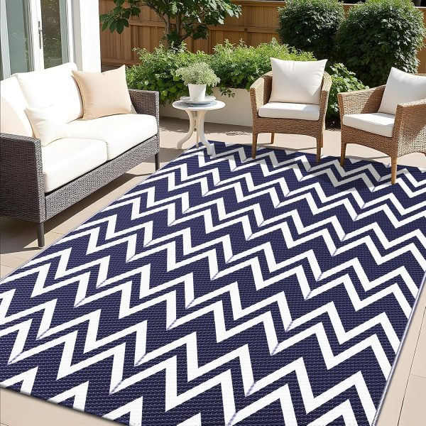 RUGSREAL Outdoor Rug 5x8 ft Waterproof Reversible Chevron Mat, Navy & White