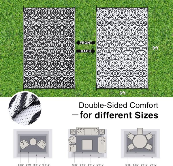 RUGSREAL Outdoor Rug 6x9 ft Waterproof Reversible Floral Mat, Black & White