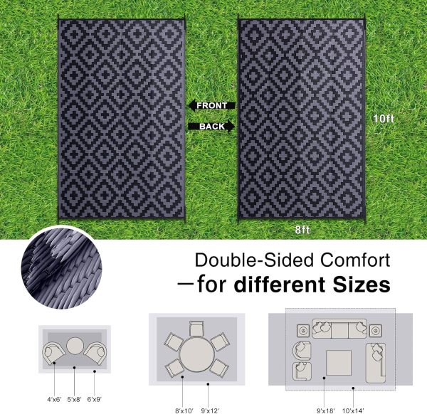 RUGSREAL Outdoor Rug 8x10 ft Waterproof Reversible Mat, Black & Grey