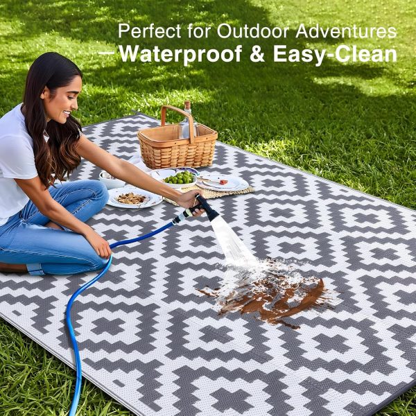 RUGSREAL Outdoor Rug 8x10 ft Waterproof Reversible Mat, Grey & White
