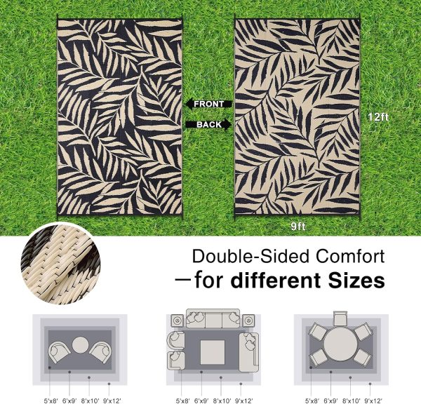 RUGSREAL Outdoor Rug 9x12 ft Waterproof Reversible Leaf Mat, Black & Beige