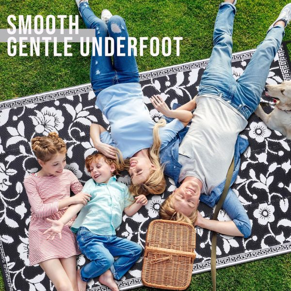 RUGSREAL Outdoor Rug 6x9 ft Waterproof Reversible Floral Mat, Black & White