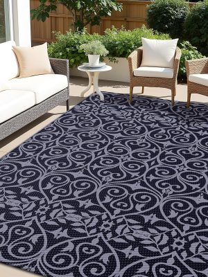 RUGSREAL Outdoor Rug 5x8 ft Waterproof Reversible Floral Mat, Black & Grey