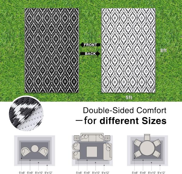 RUGSREAL Outdoor Rug 5x8 ft Waterproof Reversible Braided Mat, Black & White