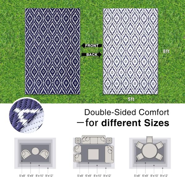 RUGSREAL Outdoor Rug 5x8 ft Waterproof Reversible Braided Mat, Navy & White