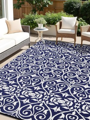 91M-uWnMJAL._AC_SL1500_.jpg RUGSREAL Outdoor Rug 6x9 ft Waterproof Reversible Floral Mat, Navy & White