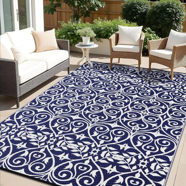RUGSREAL Outdoor Rug 6x9 ft Waterproof Reversible Floral Mat, Navy & White