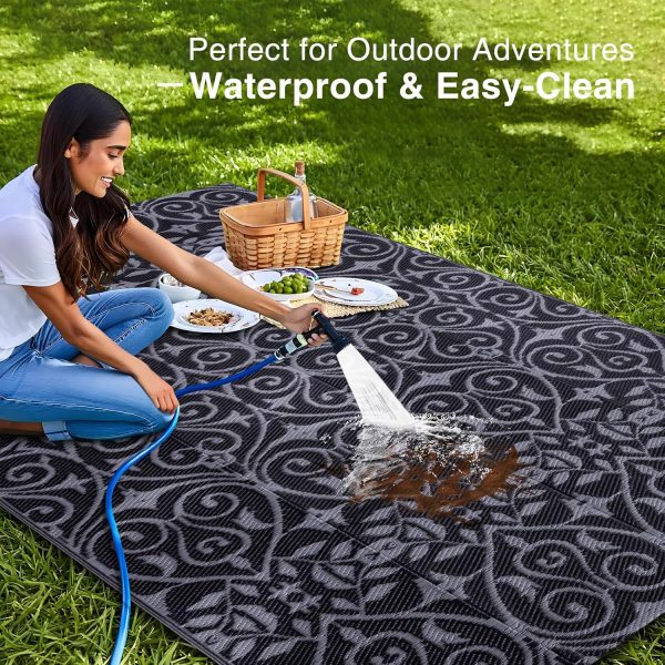 RUGSREAL Outdoor Rug 5x8 ft Waterproof Reversible Floral Mat, Black & Grey