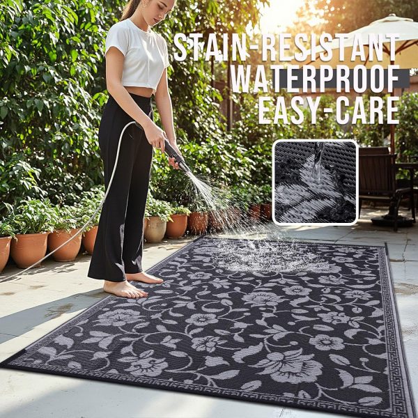 RUGSREAL Outdoor Rug 8x10 ft Waterproof Reversible Floral Mat, Black & Grey