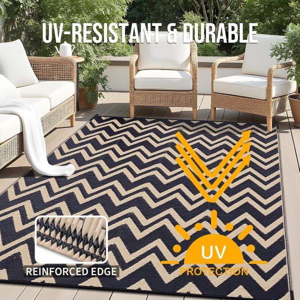 RUGSREAL Outdoor Rug 6x9 ft Waterproof Reversible Chevron Mat, Black & Beige
