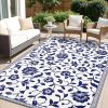RUGSREAL Outdoor Rug 5x8 ft Waterproof Reversible Floral Mat, Navy & White