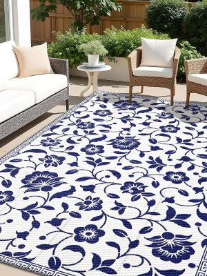 RUGSREAL Outdoor Rug 5x8 ft Waterproof Reversible Floral Mat, Navy & White